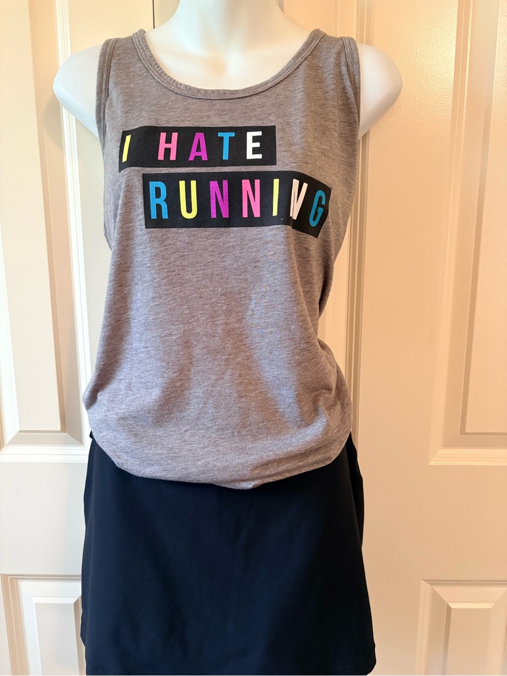 Gray Tank Top with Colorful "I HATE RUNNING" Graphic, size L
